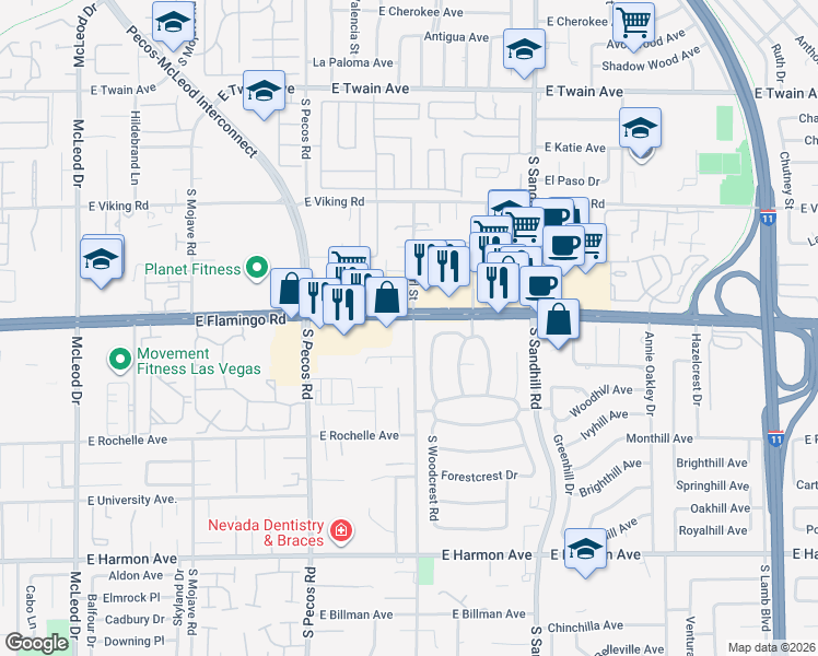 map of restaurants, bars, coffee shops, grocery stores, and more near 3600 East Flamingo Road in Las Vegas