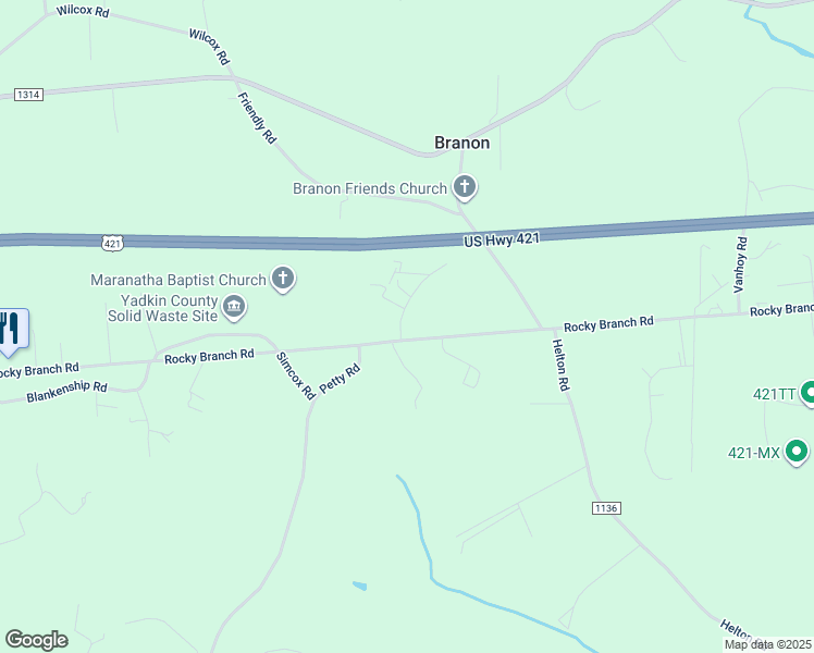 map of restaurants, bars, coffee shops, grocery stores, and more near 1505 Harve Road in Yadkinville