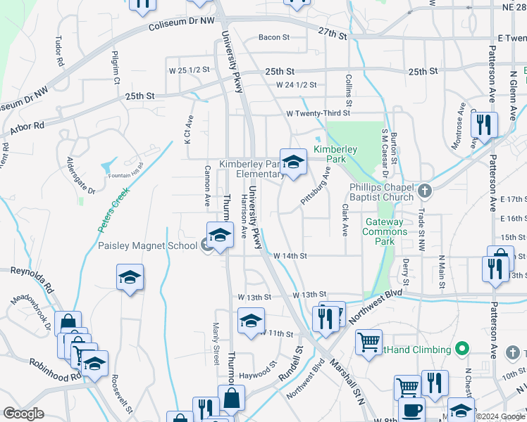 map of restaurants, bars, coffee shops, grocery stores, and more near 1659 Lincoln Avenue Northwest in Winston-Salem