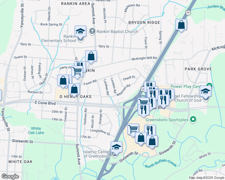 map of restaurants, bars, coffee shops, grocery stores, and more near 3210 London Road in Greensboro