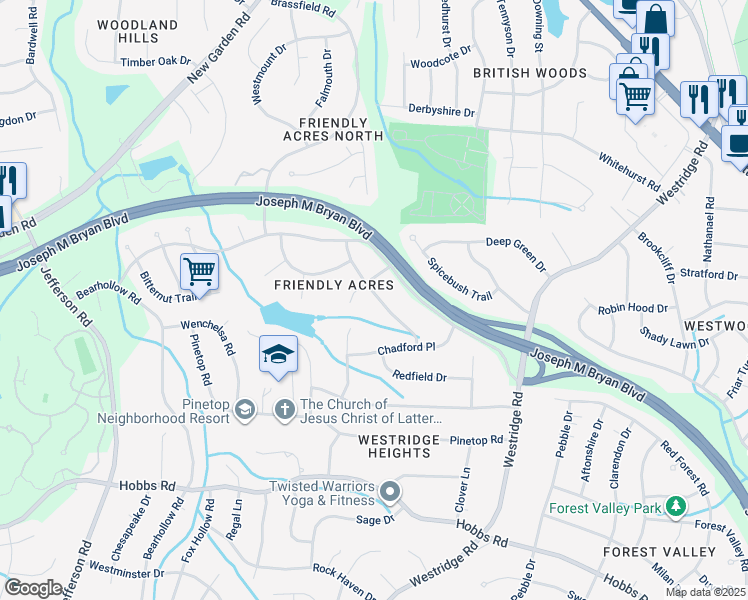 map of restaurants, bars, coffee shops, grocery stores, and more near 3617 Gainsboro Drive in Greensboro