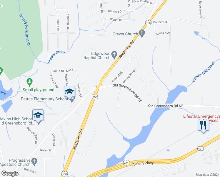 map of restaurants, bars, coffee shops, grocery stores, and more near 4104 Old Greensboro Road in Winston-Salem