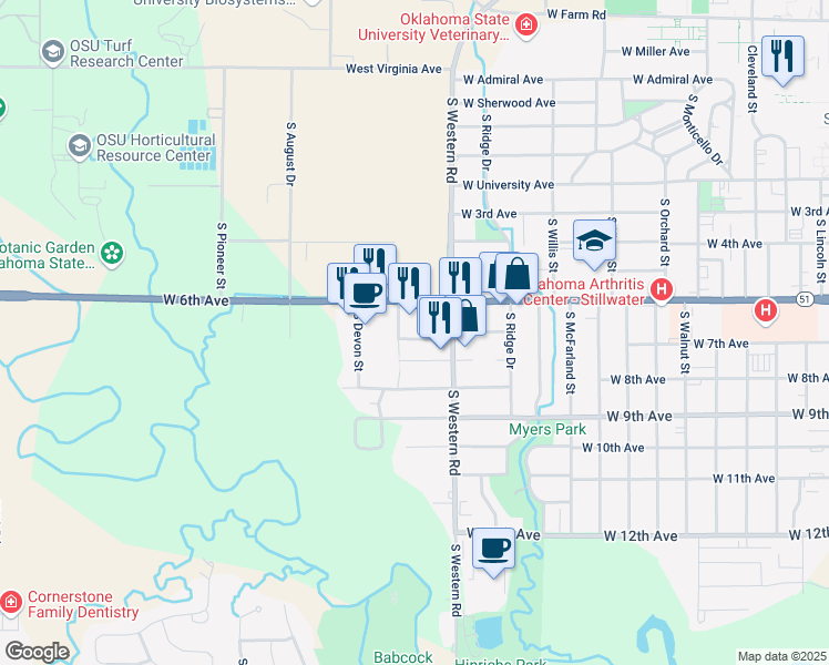 map of restaurants, bars, coffee shops, grocery stores, and more near 700 South Wicklow Court in Stillwater