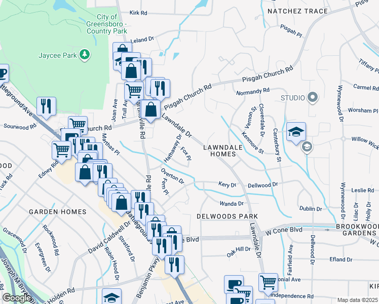 map of restaurants, bars, coffee shops, grocery stores, and more near 3508 Fox Place in Greensboro
