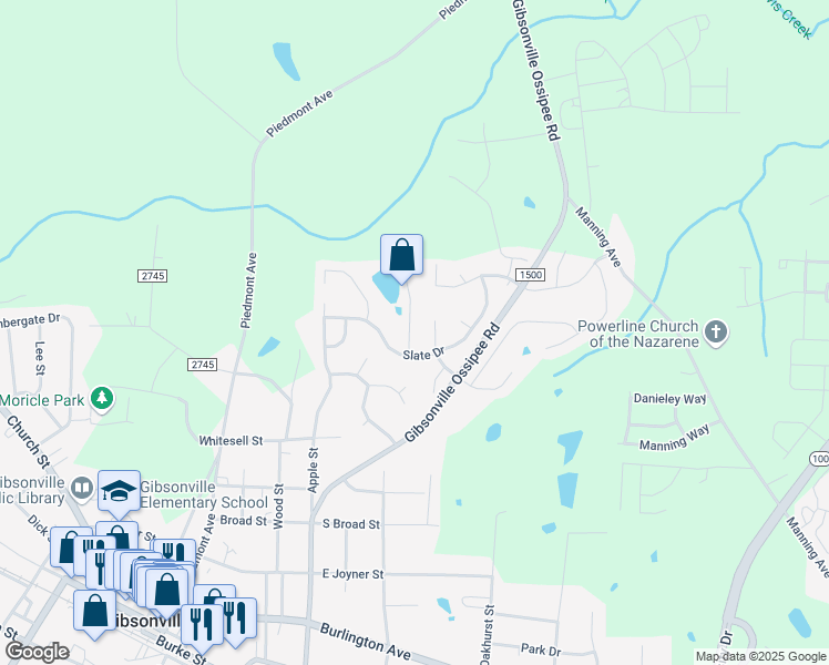map of restaurants, bars, coffee shops, grocery stores, and more near 108 Claystone Drive in Gibsonville