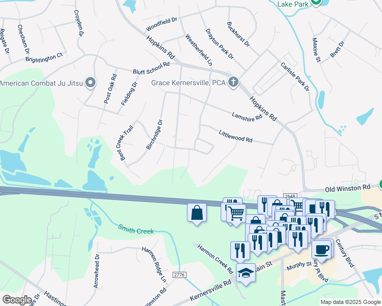 map of restaurants, bars, coffee shops, grocery stores, and more near 6467 Rains Davis Drive in Kernersville