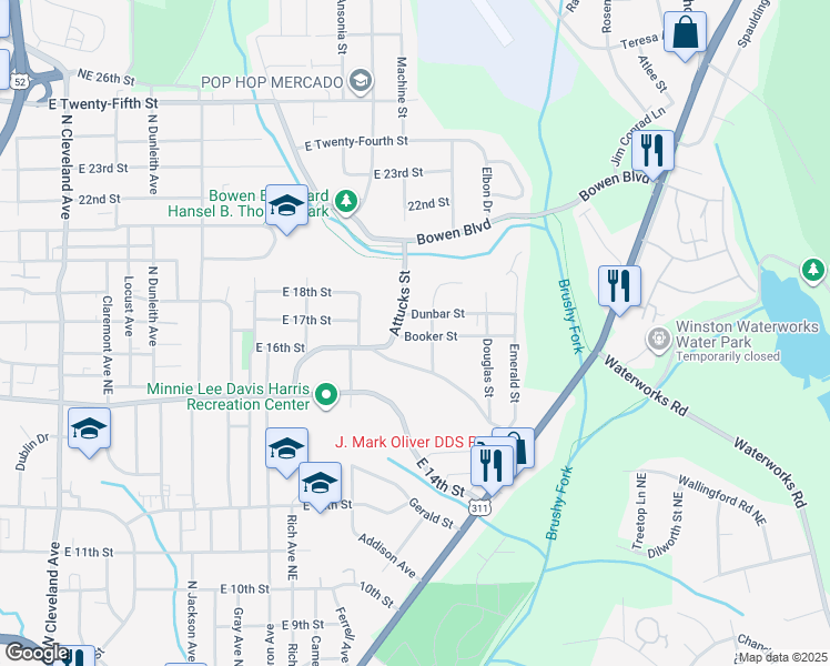 map of restaurants, bars, coffee shops, grocery stores, and more near 1603 Attucks Street in Winston-Salem