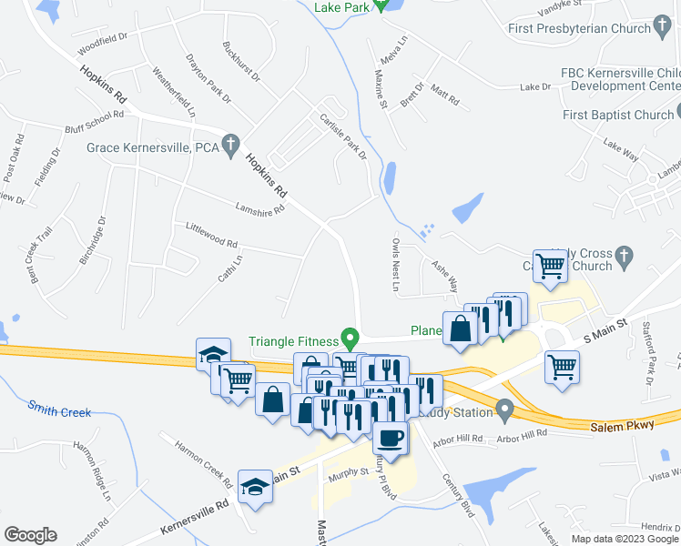 map of restaurants, bars, coffee shops, grocery stores, and more near 250 Hopkins Road in Kernersville