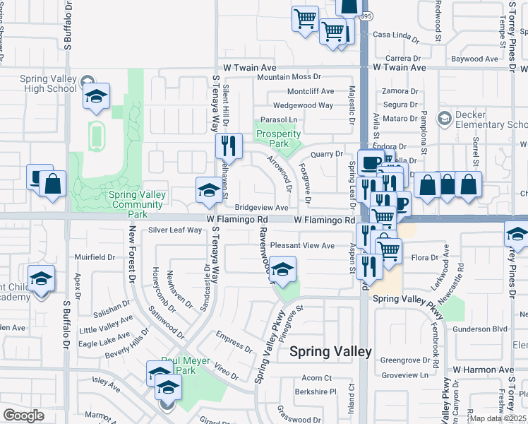 map of restaurants, bars, coffee shops, grocery stores, and more near 7225 Bridgeview Avenue in Las Vegas