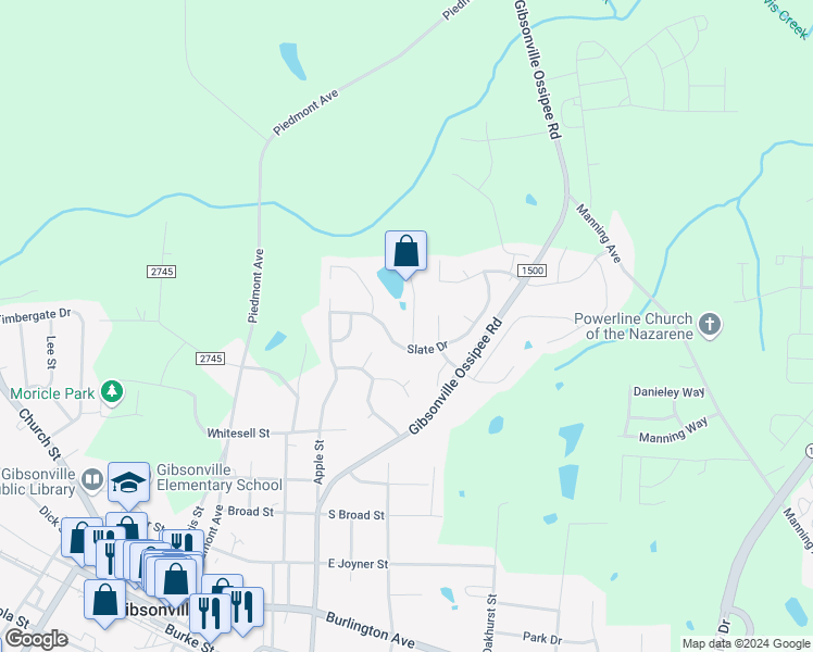 map of restaurants, bars, coffee shops, grocery stores, and more near 109 Claystone Drive in Gibsonville