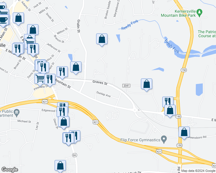 map of restaurants, bars, coffee shops, grocery stores, and more near 816 Graves Street in Kernersville