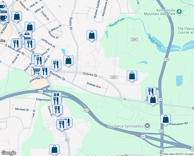 map of restaurants, bars, coffee shops, grocery stores, and more near 816 Graves Street in Kernersville