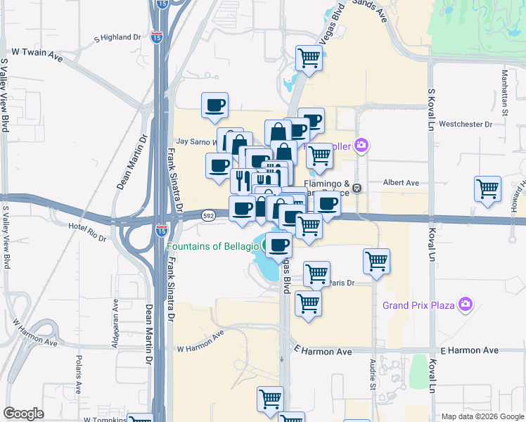 map of restaurants, bars, coffee shops, grocery stores, and more near 3580 Las Vegas Boulevard Overpass in Las Vegas