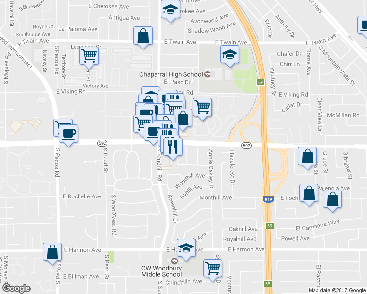 map of restaurants, bars, coffee shops, grocery stores, and more near 4119 Meadowglen Circle in Las Vegas