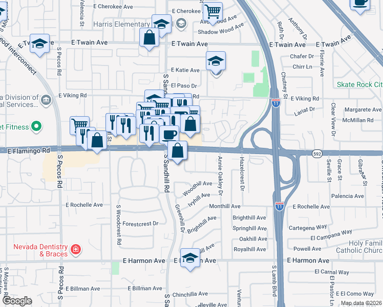 map of restaurants, bars, coffee shops, grocery stores, and more near 4119 Meadowglen Circle in Las Vegas