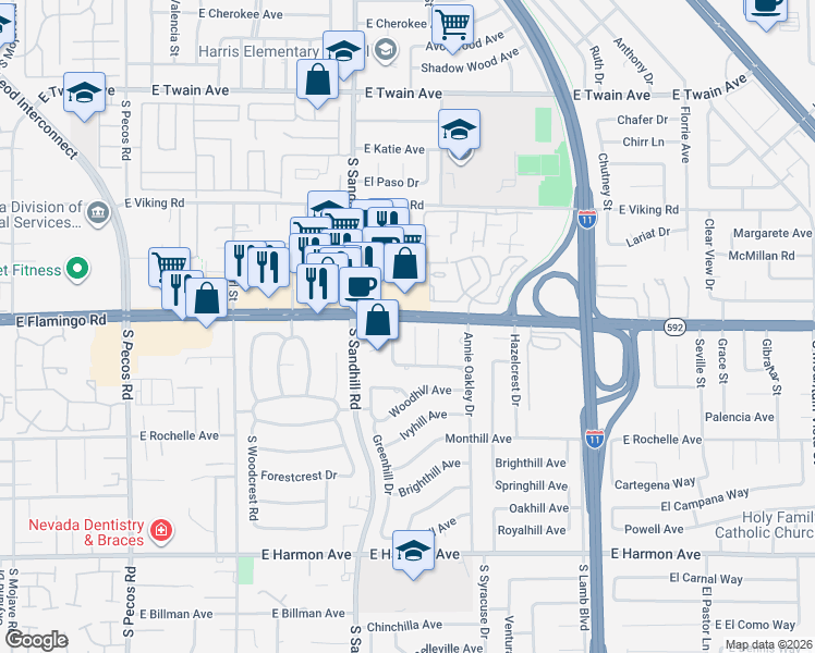 map of restaurants, bars, coffee shops, grocery stores, and more near 3870 East Flamingo Road in Las Vegas