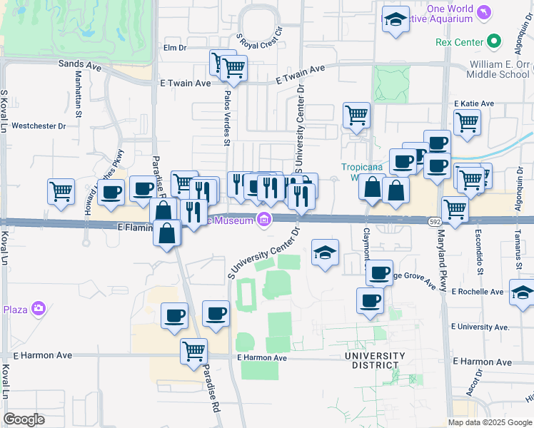 map of restaurants, bars, coffee shops, grocery stores, and more near 4055 South University Center Drive in Las Vegas