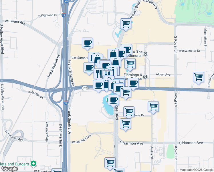 map of restaurants, bars, coffee shops, grocery stores, and more near 3580 Las Vegas Boulevard Overpass in Las Vegas