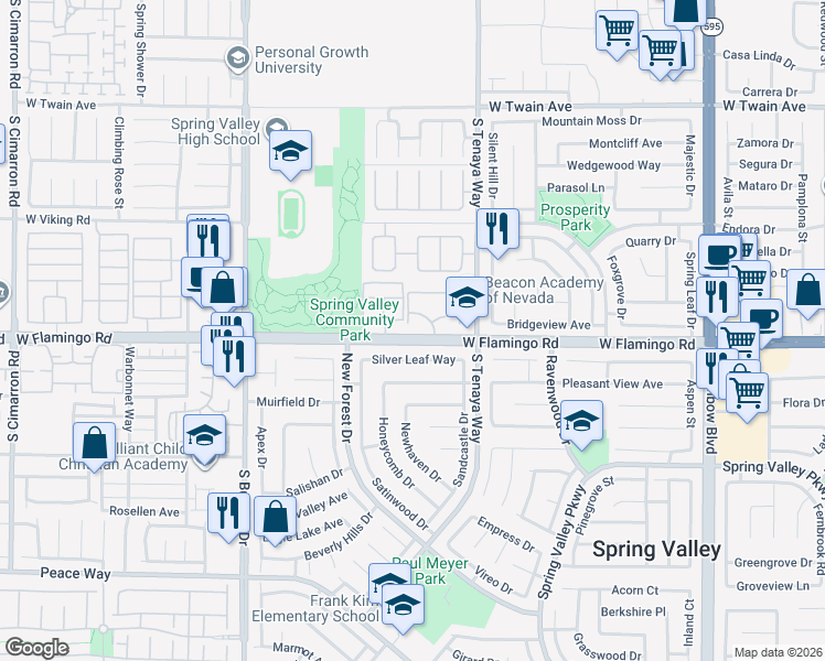 map of restaurants, bars, coffee shops, grocery stores, and more near 7400 West Flamingo Road in Las Vegas
