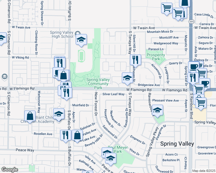 map of restaurants, bars, coffee shops, grocery stores, and more near 7570 West Flamingo Road in Las Vegas