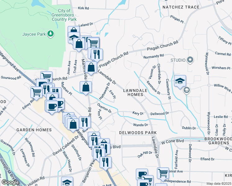 map of restaurants, bars, coffee shops, grocery stores, and more near 3508 Fox Place in Greensboro