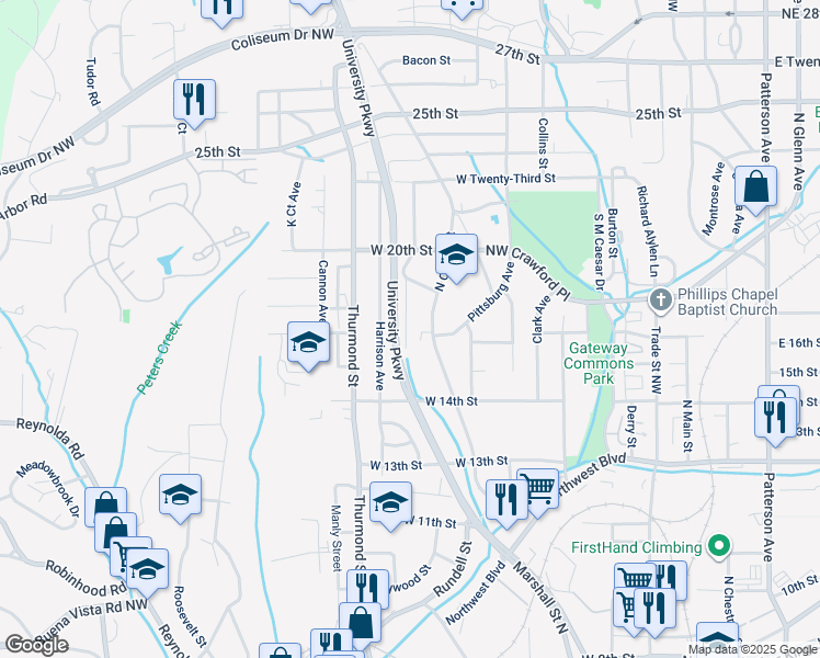 map of restaurants, bars, coffee shops, grocery stores, and more near 1677 Lincoln Avenue Northwest in Winston-Salem