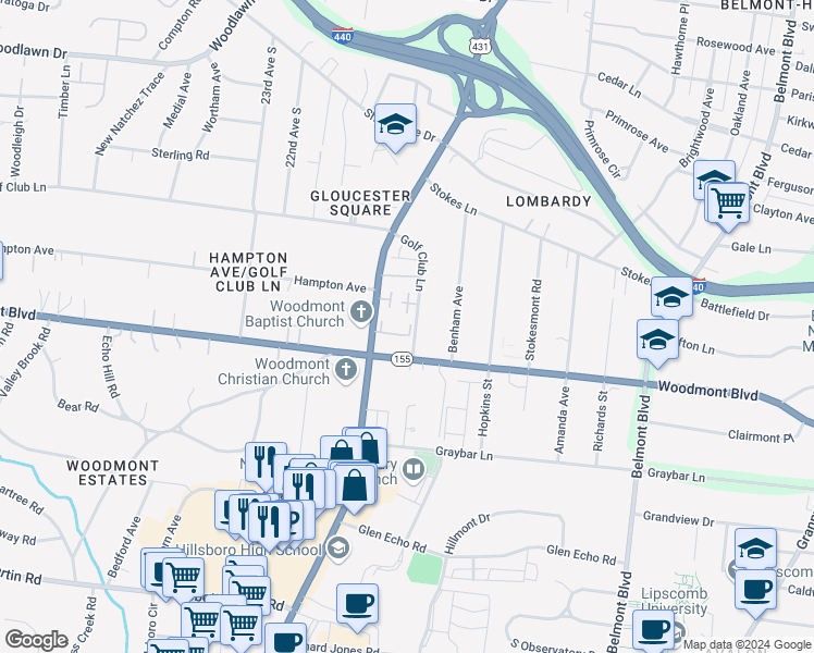 map of restaurants, bars, coffee shops, grocery stores, and more near 3447 Golf Club Lane in Nashville