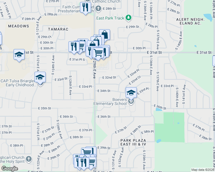 map of restaurants, bars, coffee shops, grocery stores, and more near 12927 East 33rd Street in Tulsa
