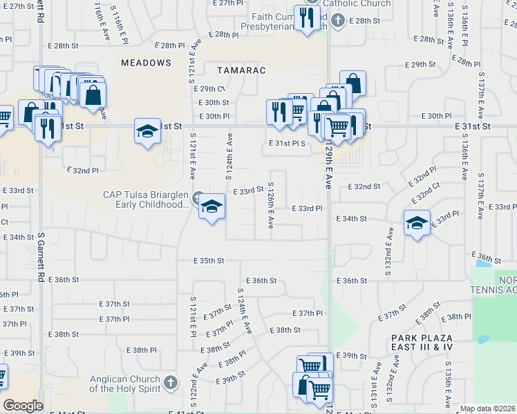 map of restaurants, bars, coffee shops, grocery stores, and more near 3310 South 125th East Avenue in Tulsa