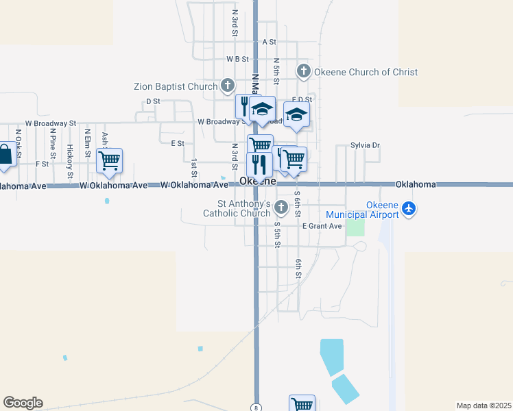 map of restaurants, bars, coffee shops, grocery stores, and more near 101 East Oklahoma in Okeene