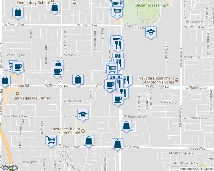 map of restaurants, bars, coffee shops, grocery stores, and more near West Flamingo Road in Las Vegas