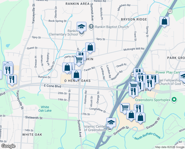 map of restaurants, bars, coffee shops, grocery stores, and more near 1610 Twain Road in Greensboro
