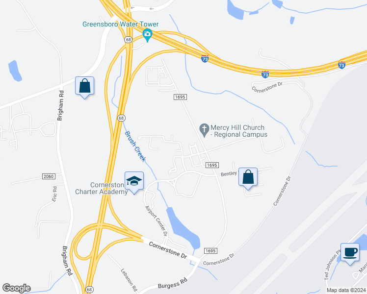 map of restaurants, bars, coffee shops, grocery stores, and more near 414 Mourning Dove Terrace in Greensboro