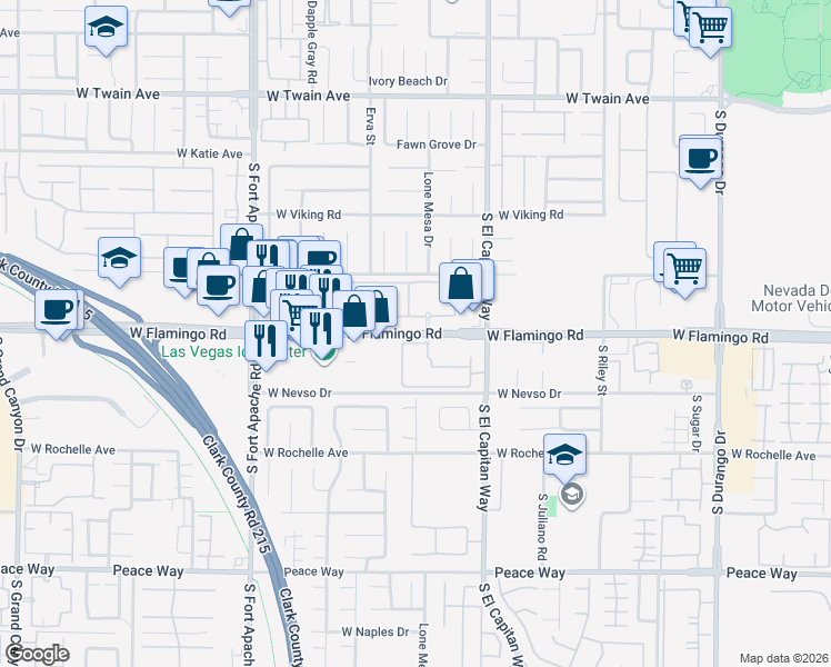 map of restaurants, bars, coffee shops, grocery stores, and more near 9100 West Flamingo Road in Las Vegas