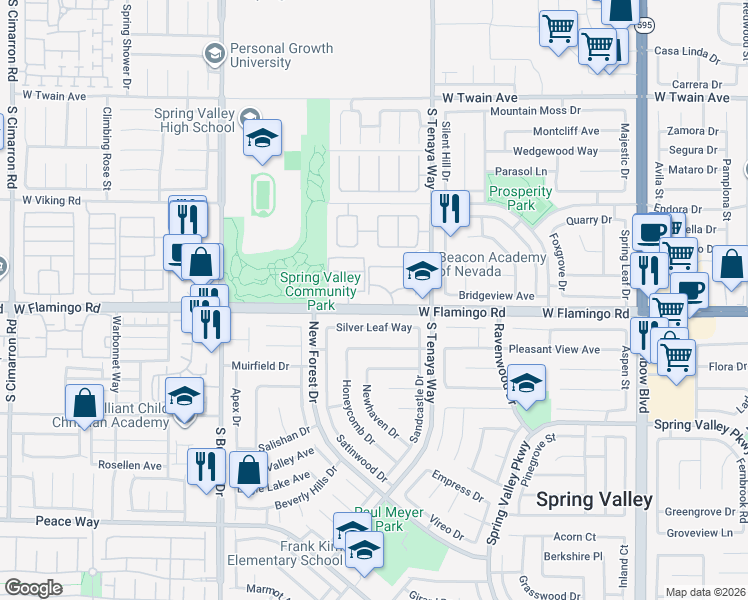 map of restaurants, bars, coffee shops, grocery stores, and more near 7400 West Flamingo Road in Las Vegas
