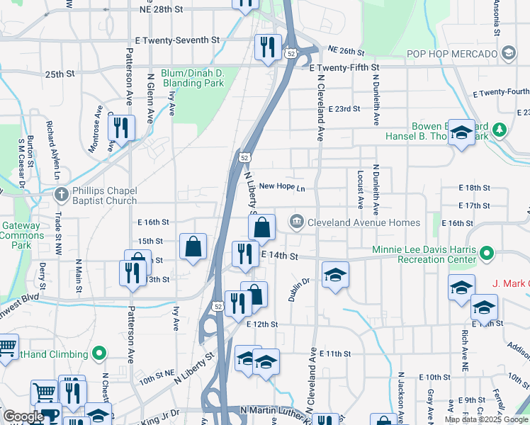map of restaurants, bars, coffee shops, grocery stores, and more near East 17th Street in Winston-Salem