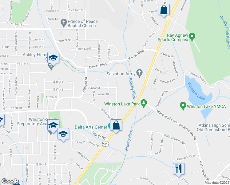 map of restaurants, bars, coffee shops, grocery stores, and more near 1500 Emerald Street in Winston-Salem