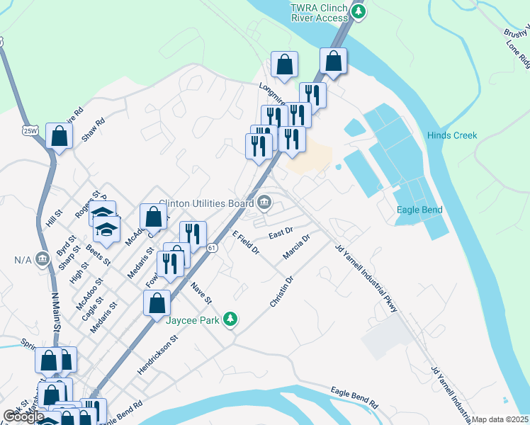 map of restaurants, bars, coffee shops, grocery stores, and more near 1001 North Charles G Seivers Boulevard in Clinton