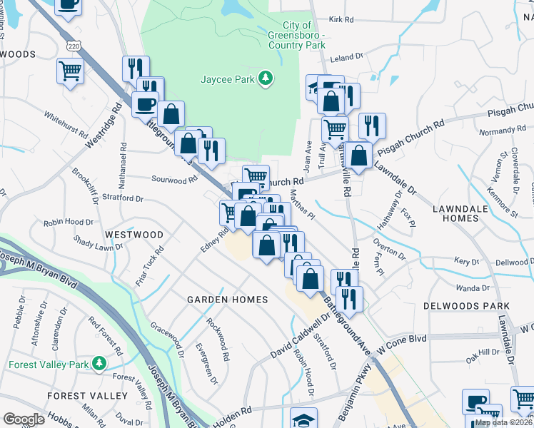 map of restaurants, bars, coffee shops, grocery stores, and more near 2957 Isaacs Place in Greensboro