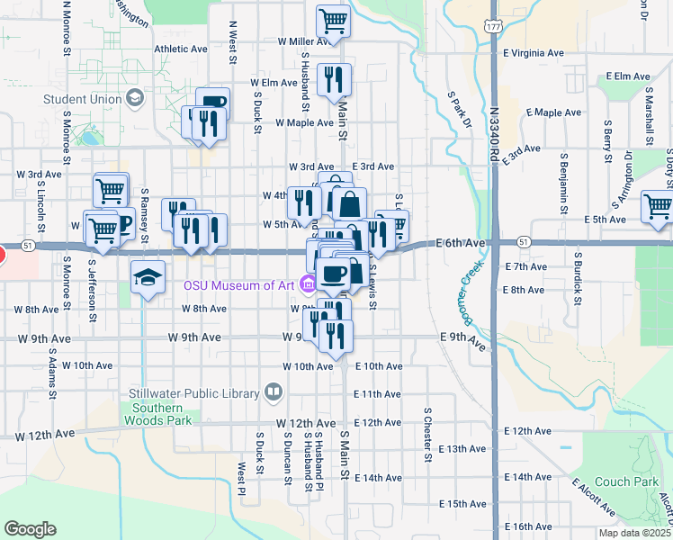 map of restaurants, bars, coffee shops, grocery stores, and more near in Stillwater