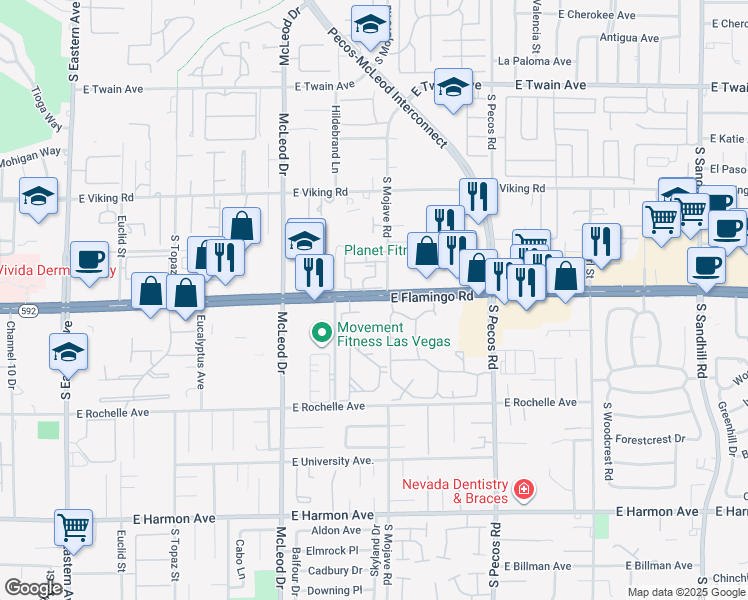 map of restaurants, bars, coffee shops, grocery stores, and more near 4099 South Mojave Road in Las Vegas