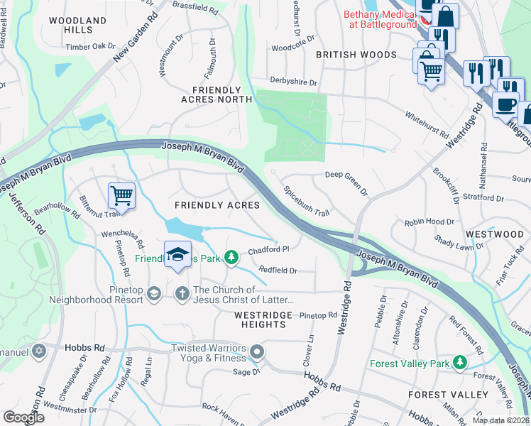 map of restaurants, bars, coffee shops, grocery stores, and more near 3525 Spicebush Trail in Greensboro