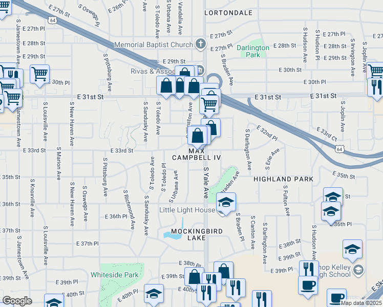 map of restaurants, bars, coffee shops, grocery stores, and more near 4809 East 34th Street in Tulsa