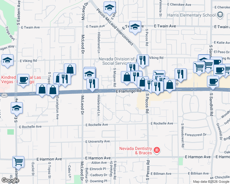 map of restaurants, bars, coffee shops, grocery stores, and more near 4099 South Mojave Road in Las Vegas