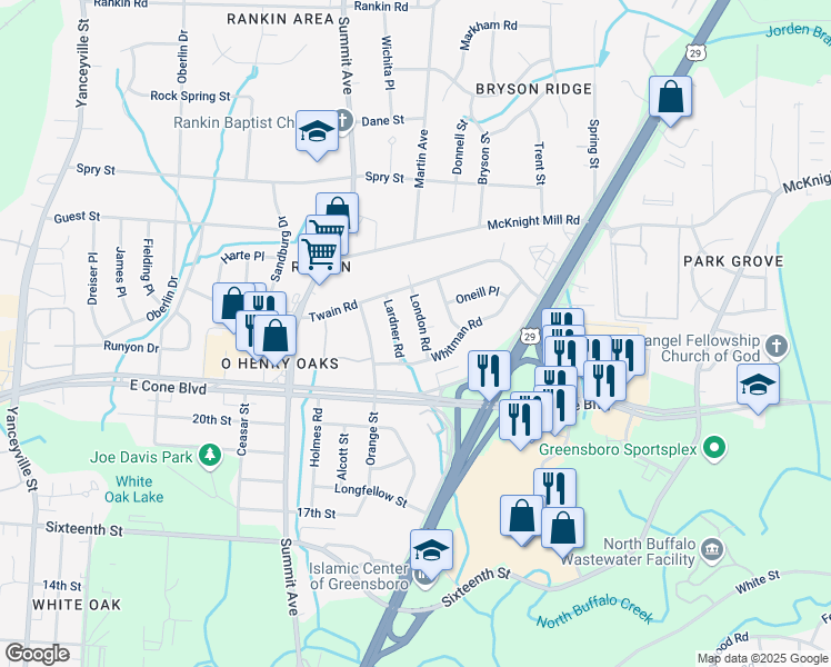 map of restaurants, bars, coffee shops, grocery stores, and more near 3210 London Road in Greensboro