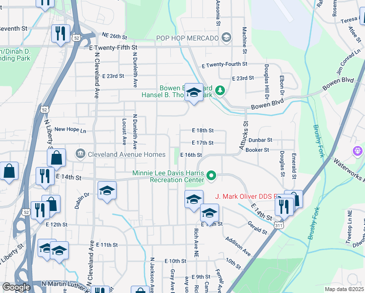 map of restaurants, bars, coffee shops, grocery stores, and more near 1705 Gray Avenue Northeast in Winston-Salem