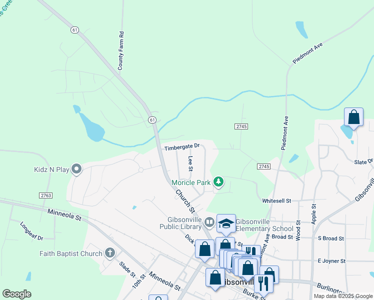 map of restaurants, bars, coffee shops, grocery stores, and more near 825 Lee Street in Gibsonville