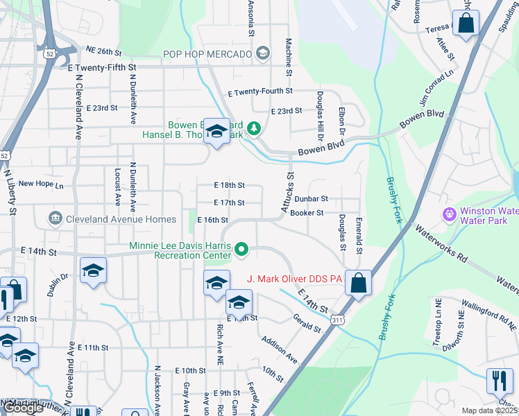 map of restaurants, bars, coffee shops, grocery stores, and more near 1600 Attucks Street in Winston-Salem