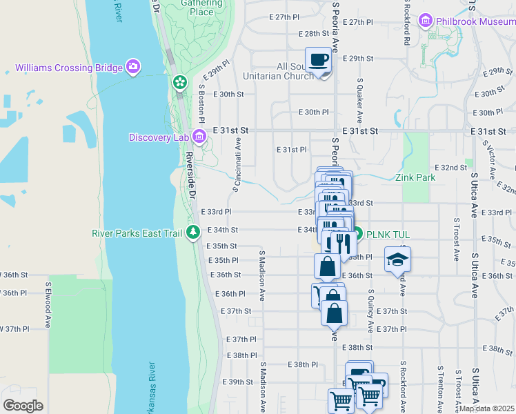 map of restaurants, bars, coffee shops, grocery stores, and more near 243 East 33rd Place in Tulsa