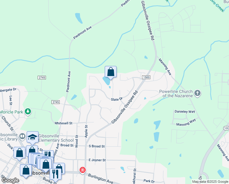map of restaurants, bars, coffee shops, grocery stores, and more near 110 Claystone Drive in Gibsonville
